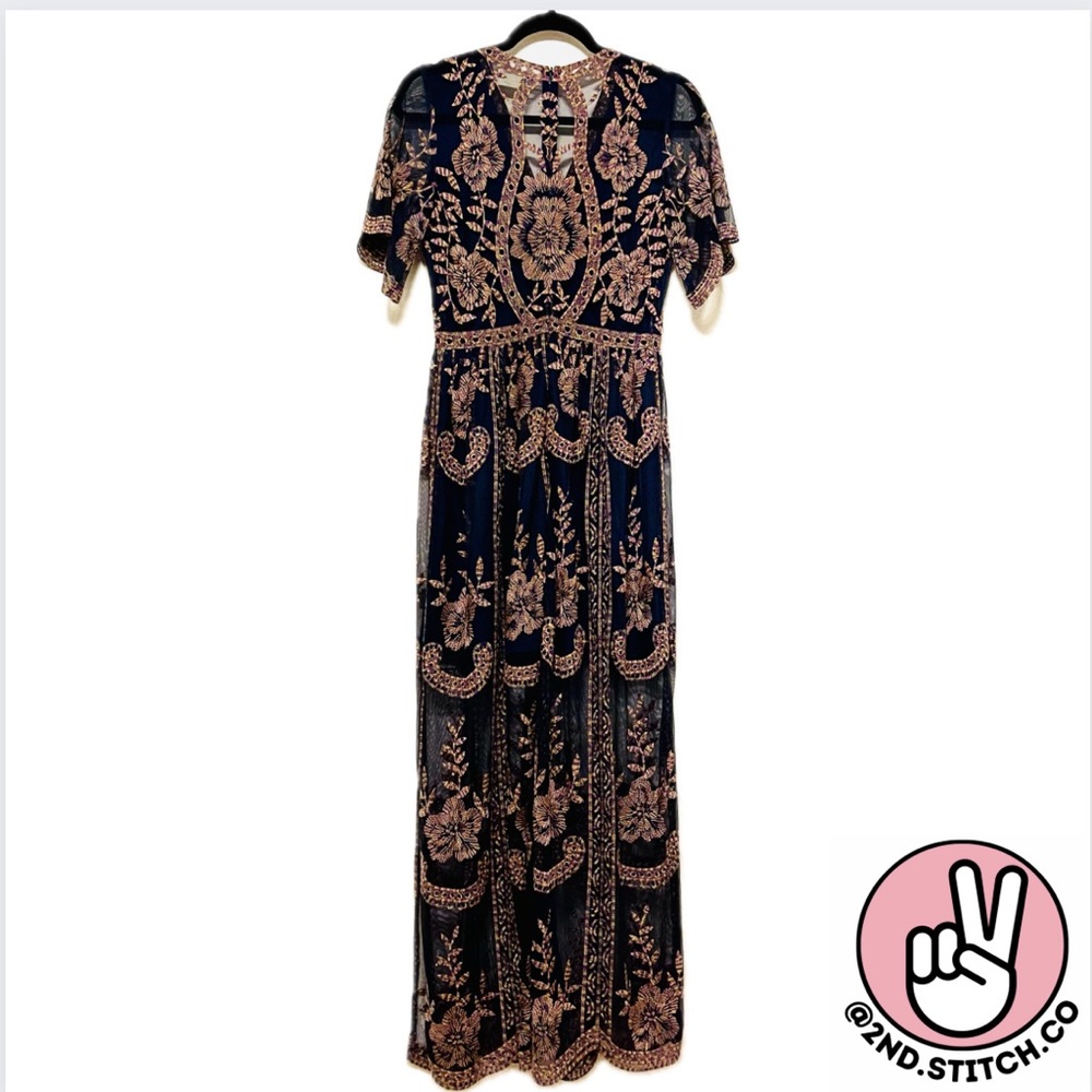 Altar’d State bohemian style maxi dress short sleeves, navy & embroidery small